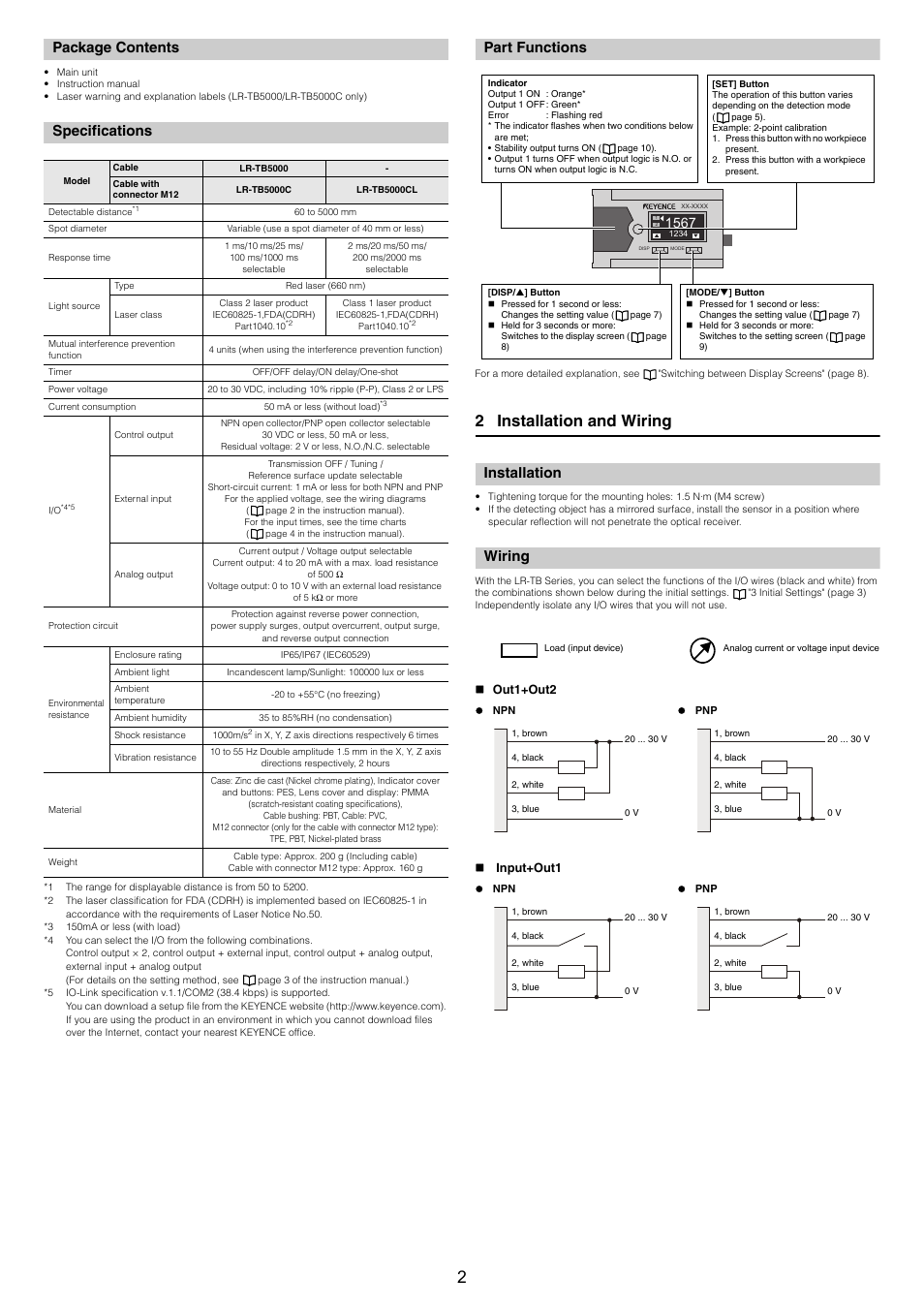 Package contents, Specifications, Part functions | Installation, Wiring, Out1+out2, Input+out1, 2 installation and wiring | KEYENCE LR-TB5000 Series User Manual | Page 2 / 12