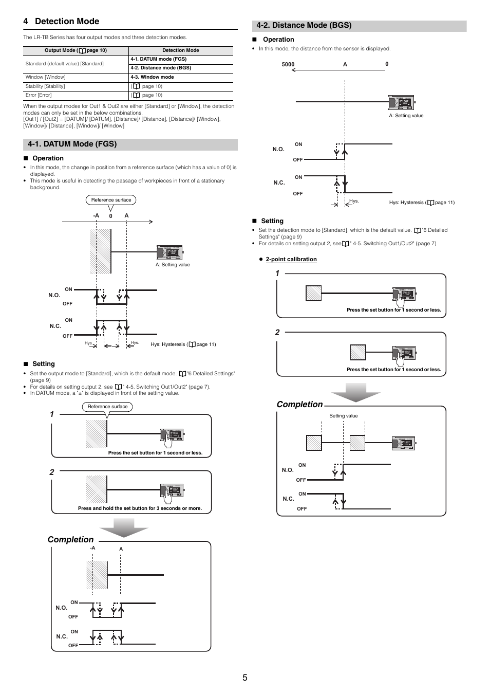 1. datum mode (fgs), Operation, Setting | 2. distance mode (bgs), 4 detection mode, Completion | KEYENCE LR-TB5000 Series User Manual | Page 5 / 12