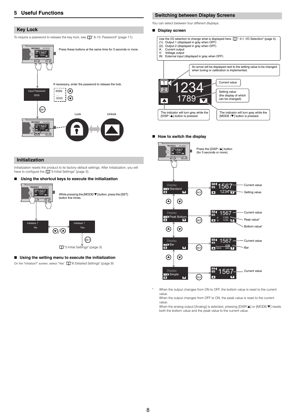 Key lock, Initialization, Switching between display screens | Display screen, How to switch the display, 5 useful functions | KEYENCE LR-TB5000 Series User Manual | Page 8 / 12