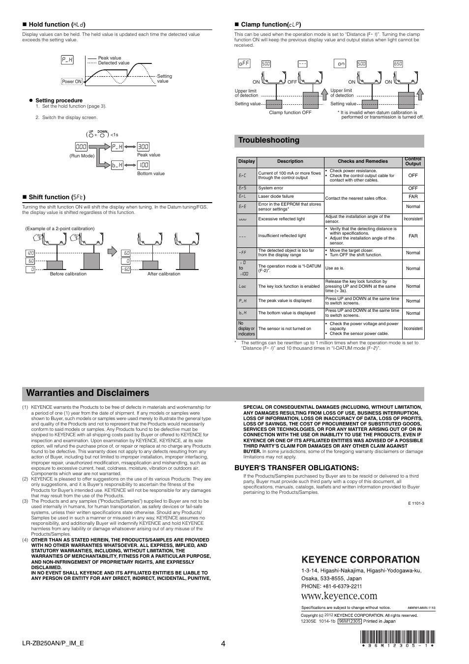Hold function (hld), Shift function (sft), Clamp function(clp) | Troubleshooting, Warranties and disclaimers, Buyer's transfer obligations, Da*  2a, Qp q | KEYENCE LR-ZB250AN/AP User Manual | Page 4 / 4