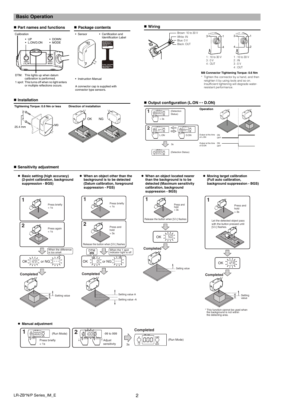 Basic operation, Part names and functions, Package contents | Installation, Wiring, Output configuration (l.on ↔ d.on), Sensitivity adjustment | KEYENCE LR-ZBxN/P Series User Manual | Page 2 / 3
