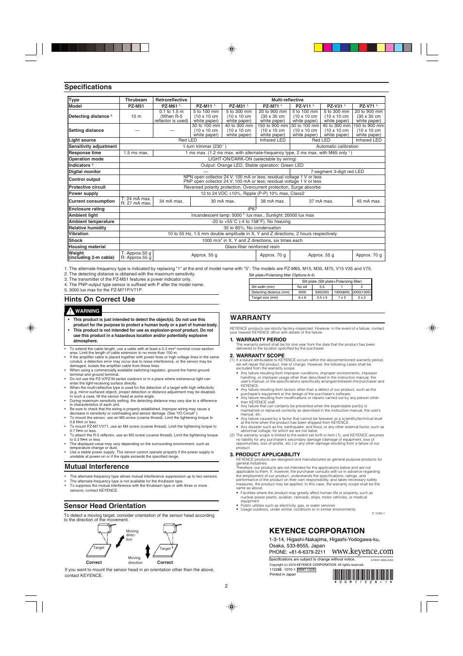 Specifications, Hints on correct use, Mutual interference | Sensor head orientation, Warranty, Keyence corporation | KEYENCE PZ-V/M User Manual | Page 2 / 2