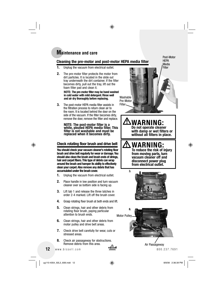 Warning, Aintenance and care 12 | Bissell 92L3 User Manual | Page 12 / 20