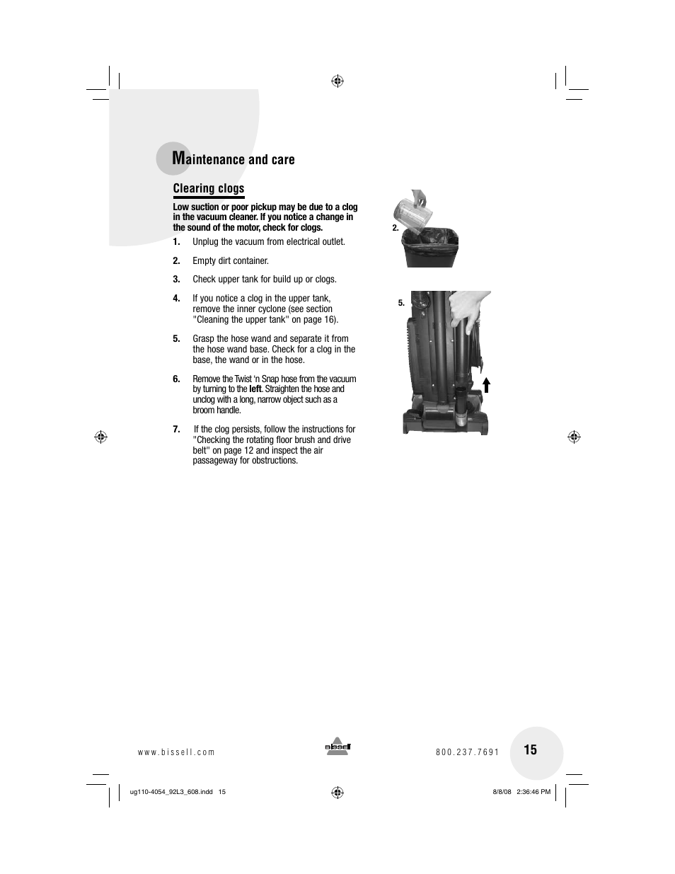 Aintenance and care | Bissell 92L3 User Manual | Page 15 / 20