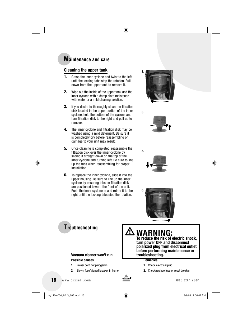 Warning | Bissell 92L3 User Manual | Page 16 / 20