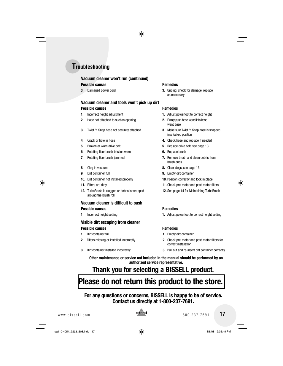 Please do not return this product to the store, Roubleshooting | Bissell 92L3 User Manual | Page 17 / 20