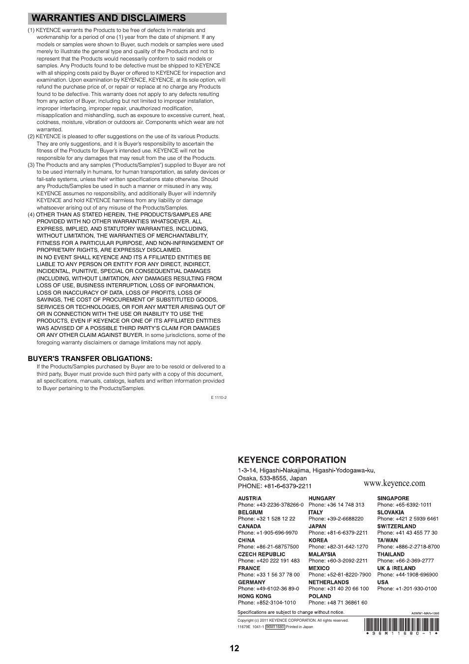 Warranties and disclaimers | KEYENCE PS-N10 Series User Manual | Page 12 / 12