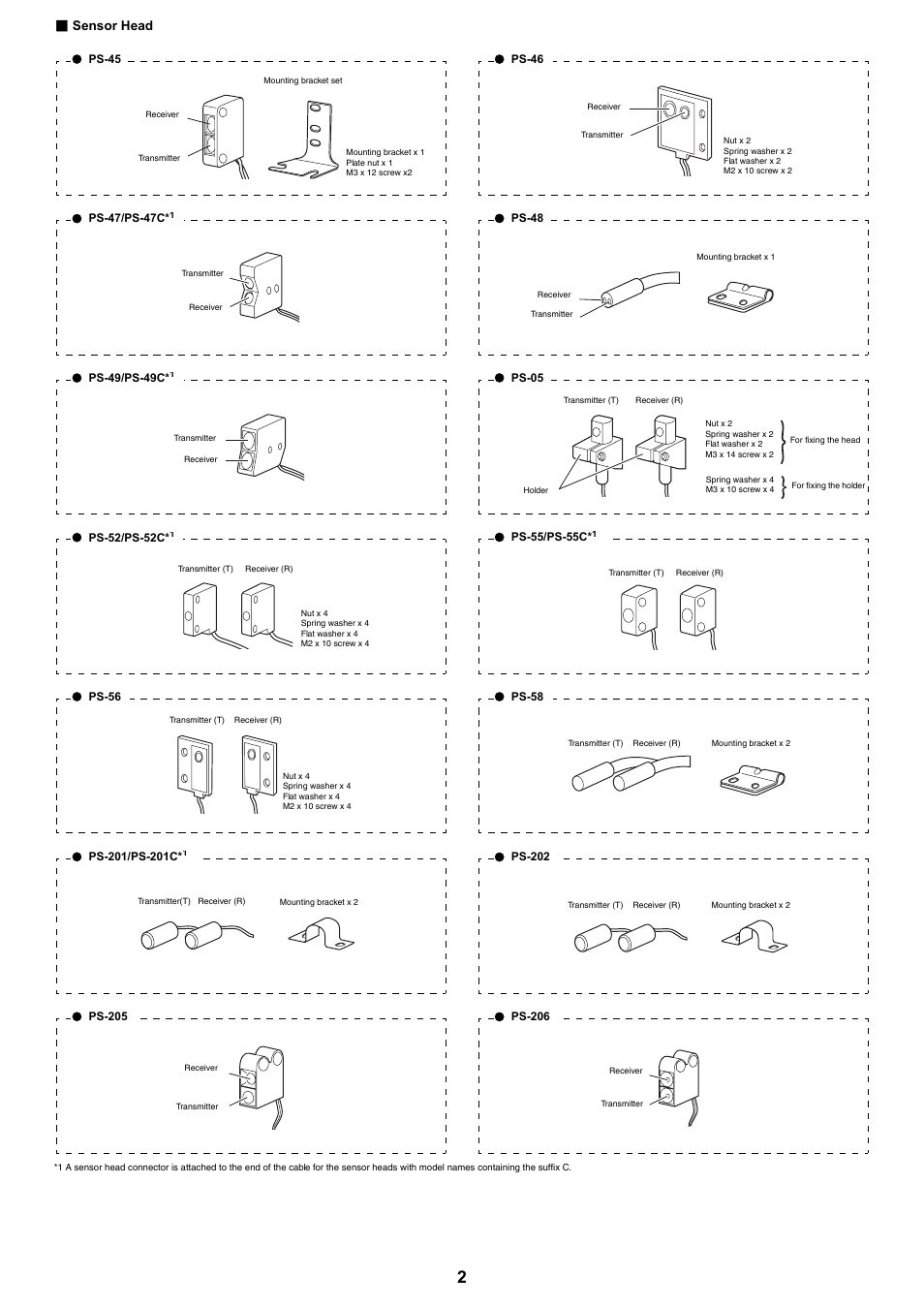 Sensor head, Ps-45, Ps-47/ps-47 | Ps-49/ps-49, Ps-52/ps-52, Ps-56, Ps-201/ps-201, Ps-205, Ps-46, Ps-48 | KEYENCE PS-N10 Series User Manual | Page 2 / 12