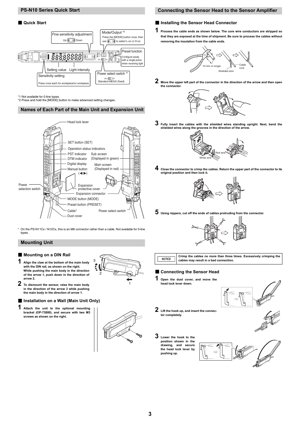 Ps-n10 series quick start, Quick start, Mounting unit | Mounting on a din rail, Installation on a wall (main unit only), Connecting the sensor head to the sensor amplifier, Installing the sensor head connector, Connecting the sensor head | KEYENCE PS-N10 Series User Manual | Page 3 / 12