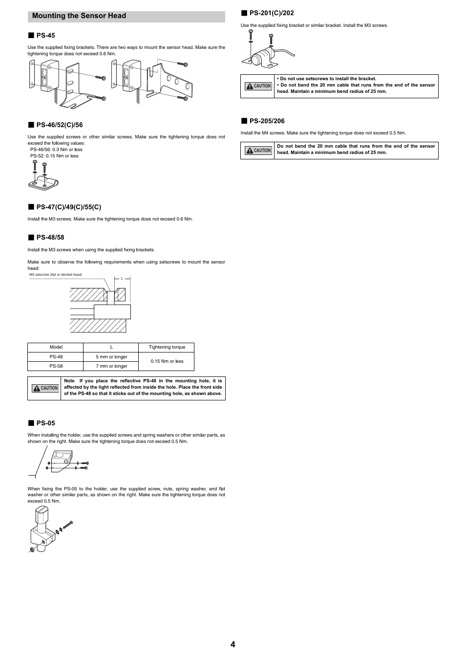 Mounting the sensor head, Ps-45, Ps-46/52(c)/56 | Ps-47(c)/49(c)/55(c), Ps-48/58, Ps-05, Ps-201(c)/202, Ps-205/206 | KEYENCE PS-N10 Series User Manual | Page 4 / 12