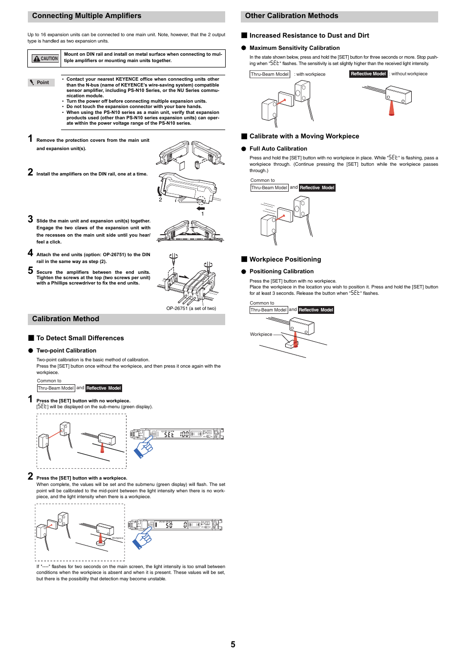 Connecting multiple amplifiers, Calibration method, To detect small differences | Two-point calibration, Other calibration methods, Increased resistance to dust and dirt, Maximum sensitivity calibration, Calibrate with a moving workpiece, Full auto calibration, Workpiece positioning | KEYENCE PS-N10 Series User Manual | Page 5 / 12