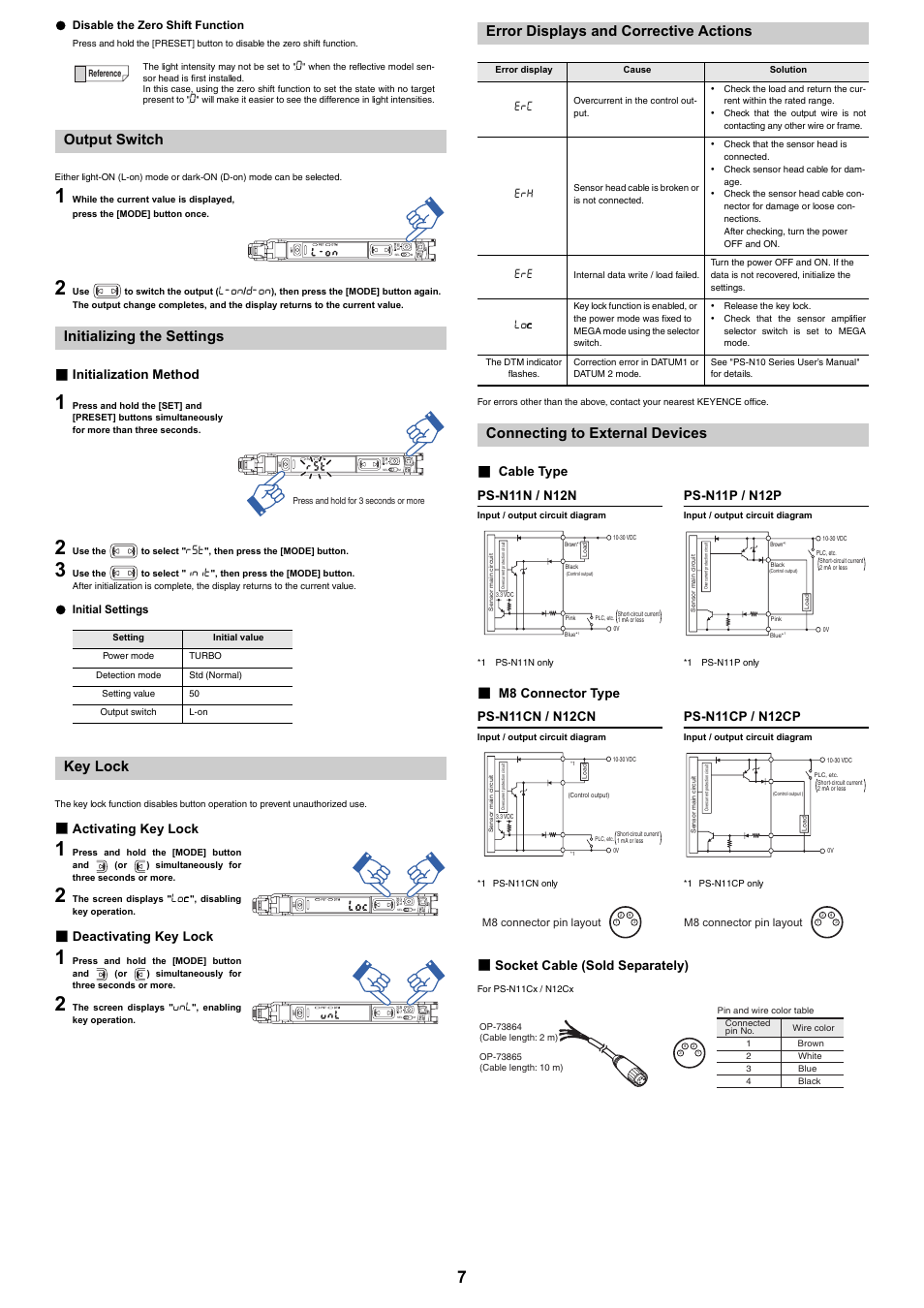 Disable the zero shift function, Output switch, Initializing the settings | Initialization method, Initial settings, Key lock, Activating key lock, Deactivating key lock, Error displays and corrective actions, Connecting to external devices | KEYENCE PS-N10 Series User Manual | Page 7 / 12