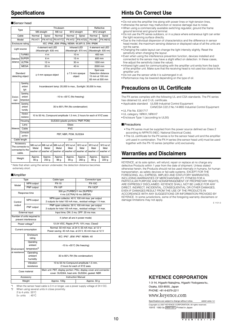 Specifications, Hints on correct use, Precautions on ul certificate | Warranties and disclaimers | KEYENCE PX-10 User Manual | Page 10 / 10