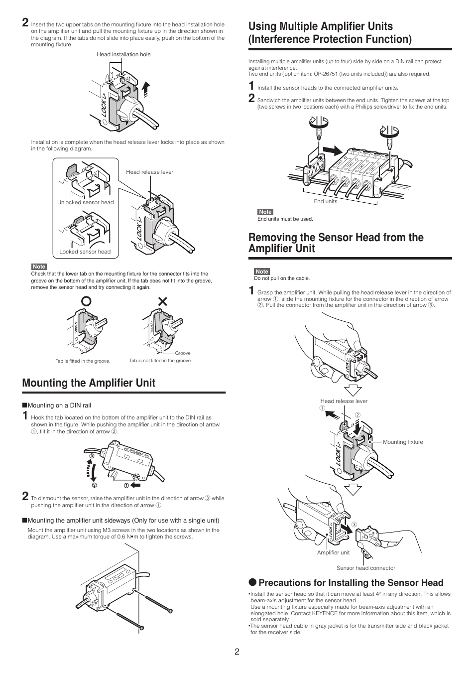 Mounting the amplifier unit, Removing the sensor head from the amplifier unit, Using multiple amplifier units | Interference protection function), Removing the sensor head from the, Amplifier unit, Precautions for installing the sensor head | KEYENCE PX-10 User Manual | Page 2 / 10