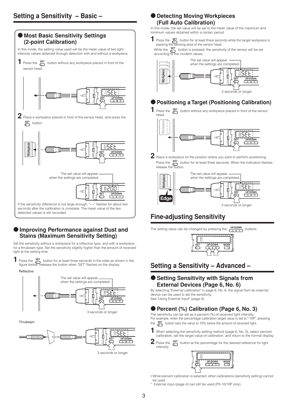 Setting a sensitivity - basic, Fine-adjusting sensitivity, Setting a sensitivity - advanced | Setting a sensitivity – basic, Setting a sensitivity – advanced, Positioning a target (positioning calibration), Percent (%) calibration (page 6, no. 3) | KEYENCE PX-10 User Manual | Page 3 / 10