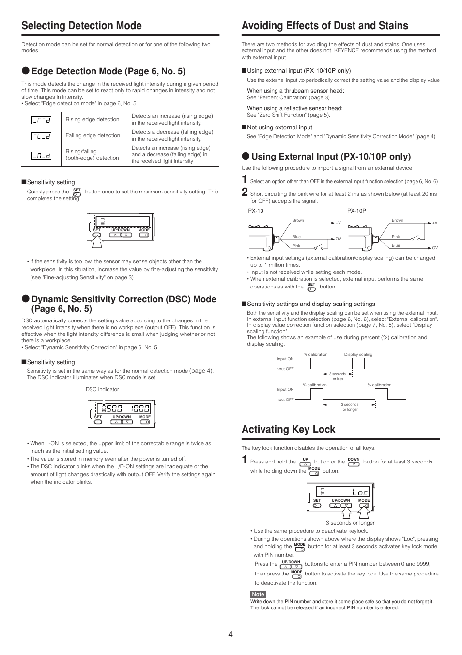 Selecting detection mode, Avoiding effects of dust and stains, Activating key lock | Edge detection mode (page 6, no. 5), Using external input (px-10/10p only) | KEYENCE PX-10 User Manual | Page 4 / 10