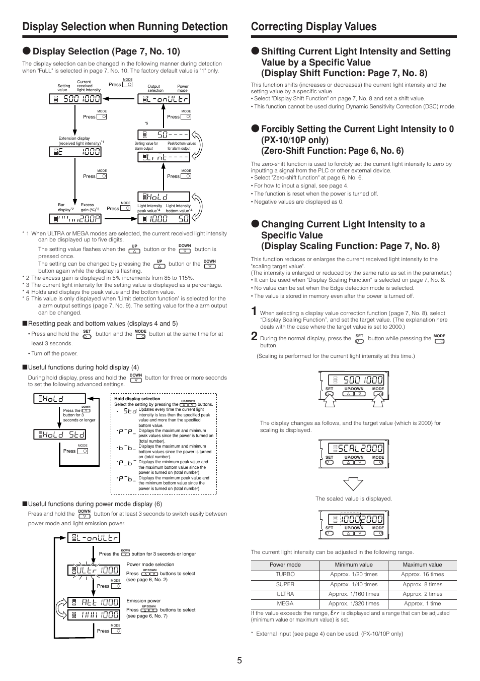 Display selection when running detection, Correcting display values, Display selection (page 7, no. 10) | KEYENCE PX-10 User Manual | Page 5 / 10