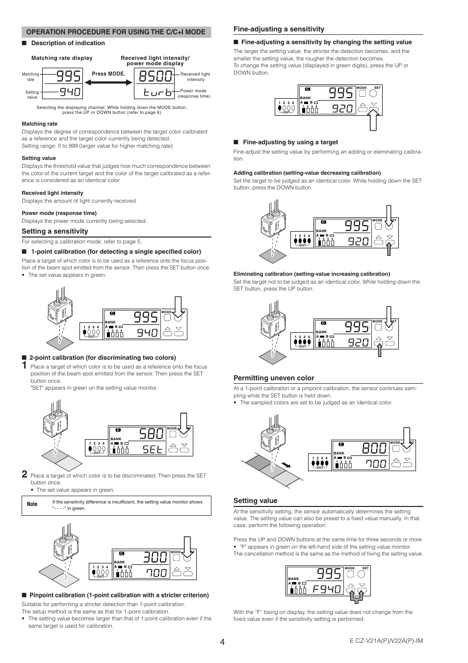 Operation procedure for using the c/c+i mode, Setting a sensitivity, Fine-adjusting a sensitivity | Permitting uneven color, Setting value | KEYENCE CZ-V22A(P) User Manual | Page 4 / 10