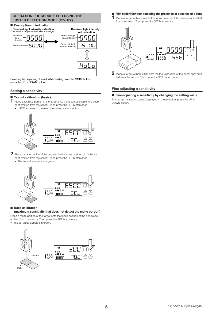 Setting a sensitivity, Fine-adjusting a sensitivity | KEYENCE CZ-V22A(P) User Manual | Page 6 / 10