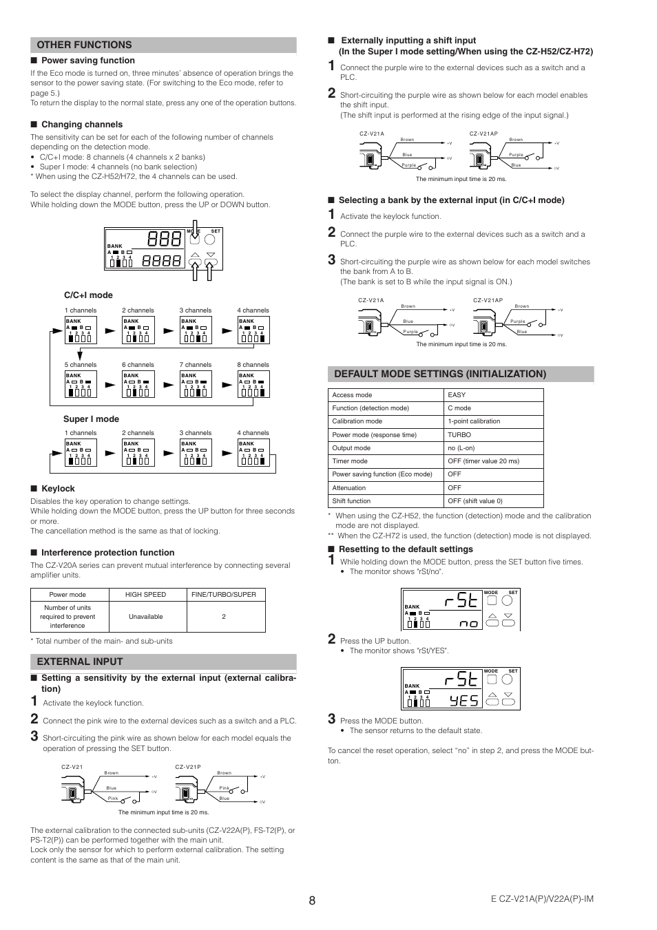 Other functions, External input, Default mode settings (initialization) | KEYENCE CZ-V22A(P) User Manual | Page 8 / 10