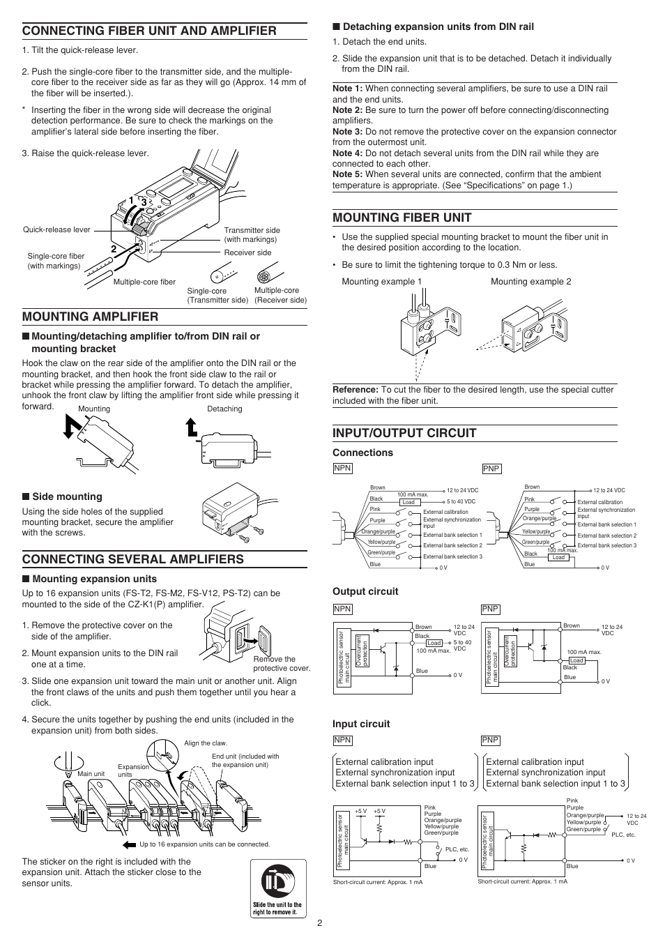 Connecting fiber unit and amplifier, Mounting amplifier, Connecting several amplifiers | Mounting fiber unit, Input/output circuit, Side mounting, Mounting expansion units, Detaching expansion units from din rail, Connections output circuit input circuit 2 1 3 | KEYENCE CZ-K1(P) User Manual | Page 2 / 8