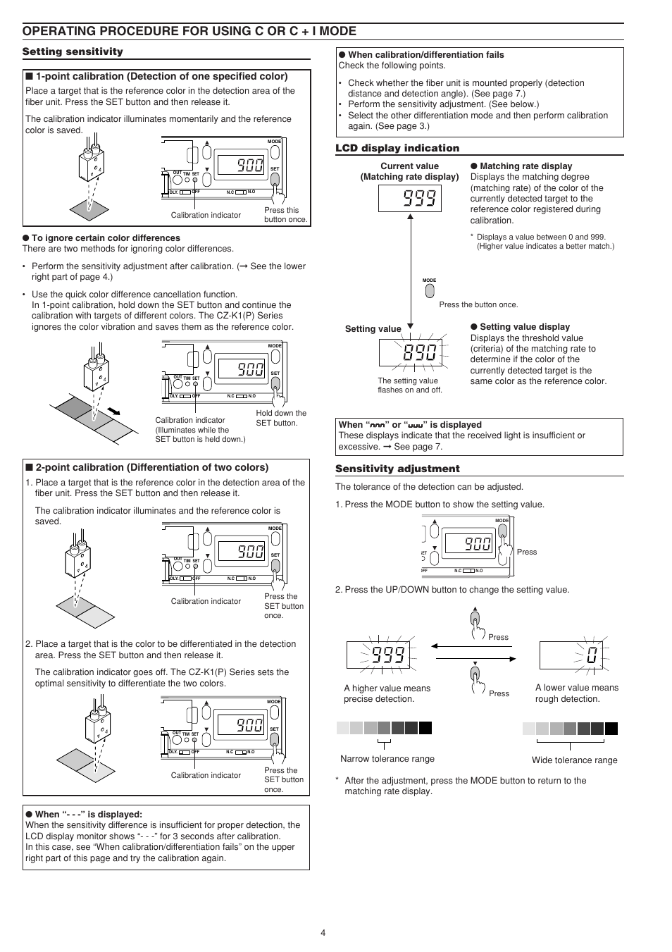 Operating procedure for using c or c + i mode, Setting sensitivity, Point calibration (differentiation of two colors) | Lcd display indication, Sensitivity adjustment | KEYENCE CZ-K1(P) User Manual | Page 4 / 8