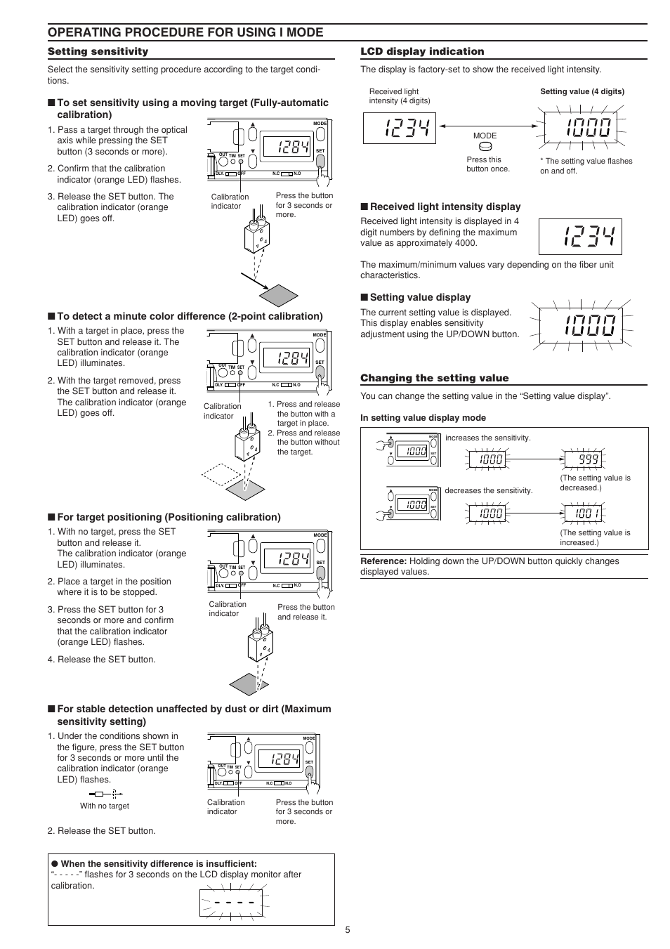 Operating procedure for using i mode, Setting sensitivity, For target positioning (positioning calibration) | Lcd display indication, Received light intensity display, Setting value display, Changing the setting value | KEYENCE CZ-K1(P) User Manual | Page 5 / 8