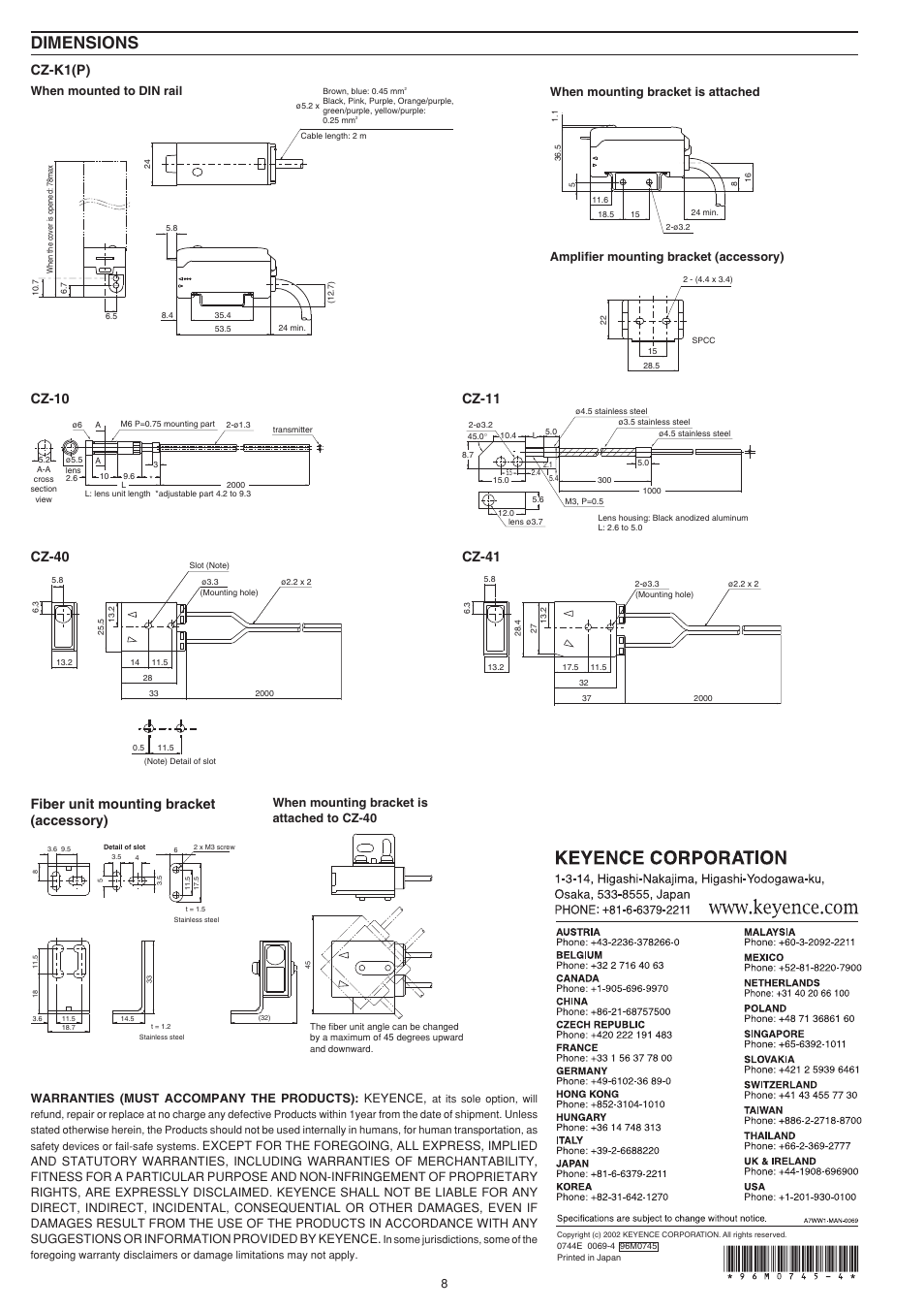 Dimensions, Cz-k1(p), Cz-40 | Cz-41 fiber unit mounting bracket (accessory), Cz-10, Cz-11, When mounted to din rail, When mounting bracket is attached to cz-40, Warranties (must accompany the products): keyence | KEYENCE CZ-K1(P) User Manual | Page 8 / 8