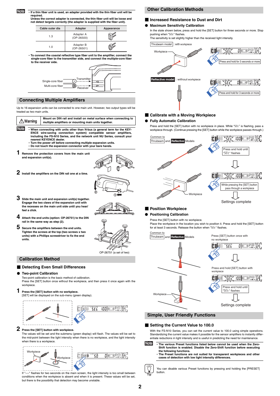 Connecting multiple amplifiers, Calibration method, Detecting even small differences | Two-point calibration, Other calibration methods, Increased resistance to dust and dirt, Maximum sensitivity calibration, Calibrate with a moving workpiece, Fully automatic calibration, Position workpiece | KEYENCE FS-N10 Series User Manual | Page 2 / 6