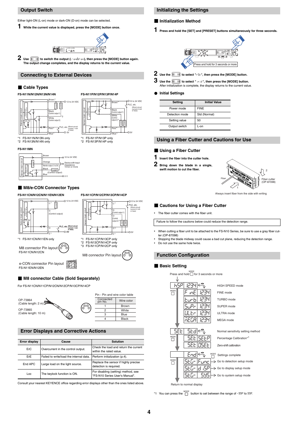 Output switch, Connecting to external devices, Cable types | M8/e-con connector types, M8 connector cable (sold separately), Error displays and corrective actions, Initializing the settings, Initialization method, Initial settings, Using a fiber cutter and cautions for use | KEYENCE FS-N10 Series User Manual | Page 4 / 6