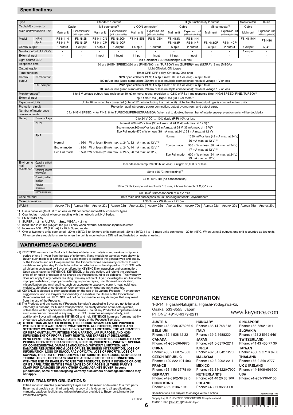 Specifications, Warranties and disclaimers | KEYENCE FS-N10 Series User Manual | Page 6 / 6
