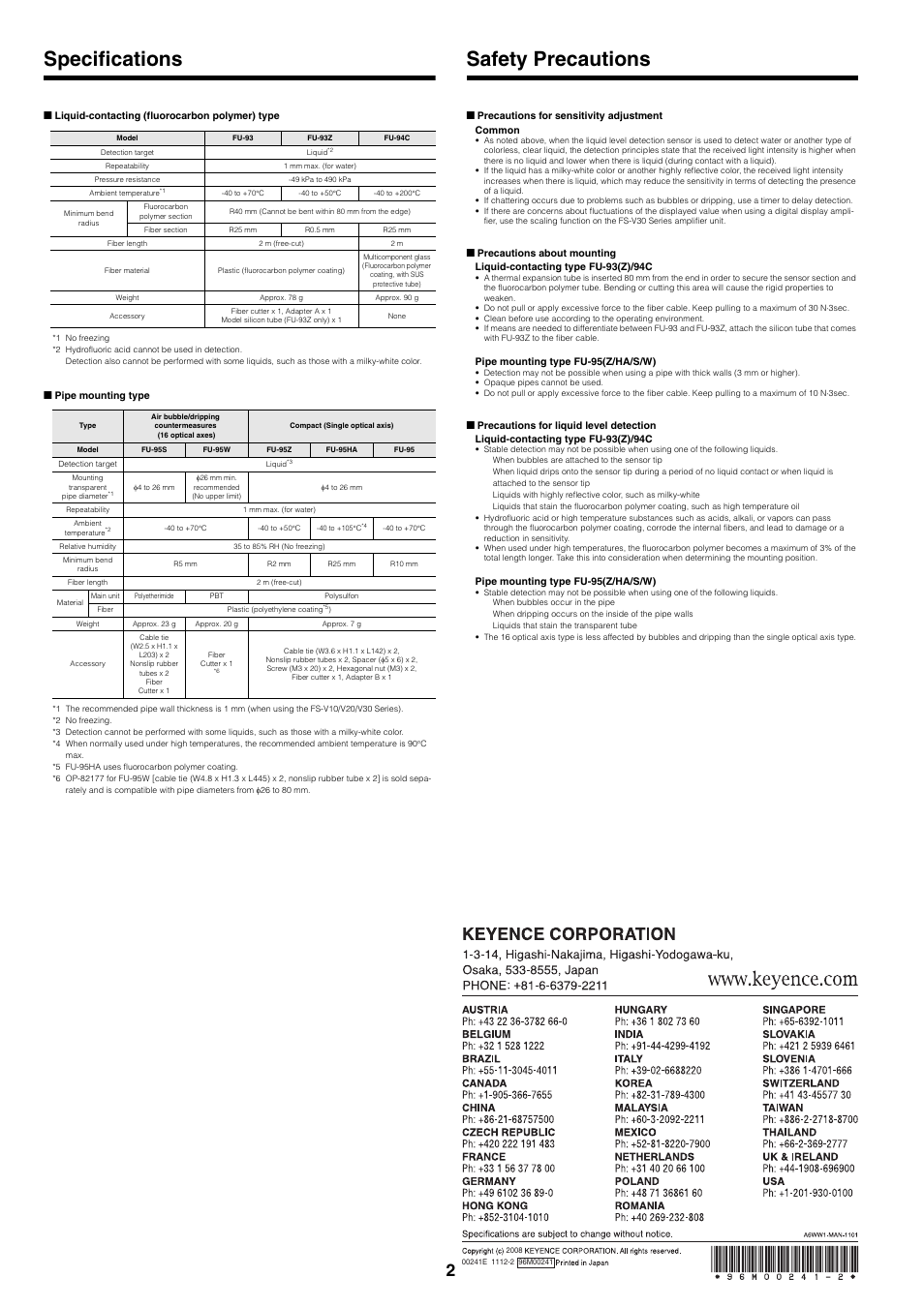 Specifications, Safety precautions | KEYENCE FU-95(HZ) User Manual | Page 2 / 2