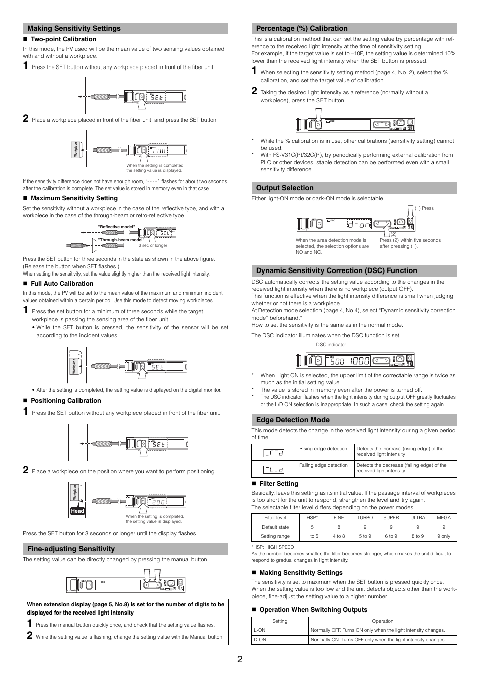 Making sensitivity settings, Fine-adjusting sensitivity, Percentage (%) calibration | Output selection, Dynamic sensitivity correction (dsc) function, Edge detection mode | KEYENCE FS-32C(P) User Manual | Page 2 / 6