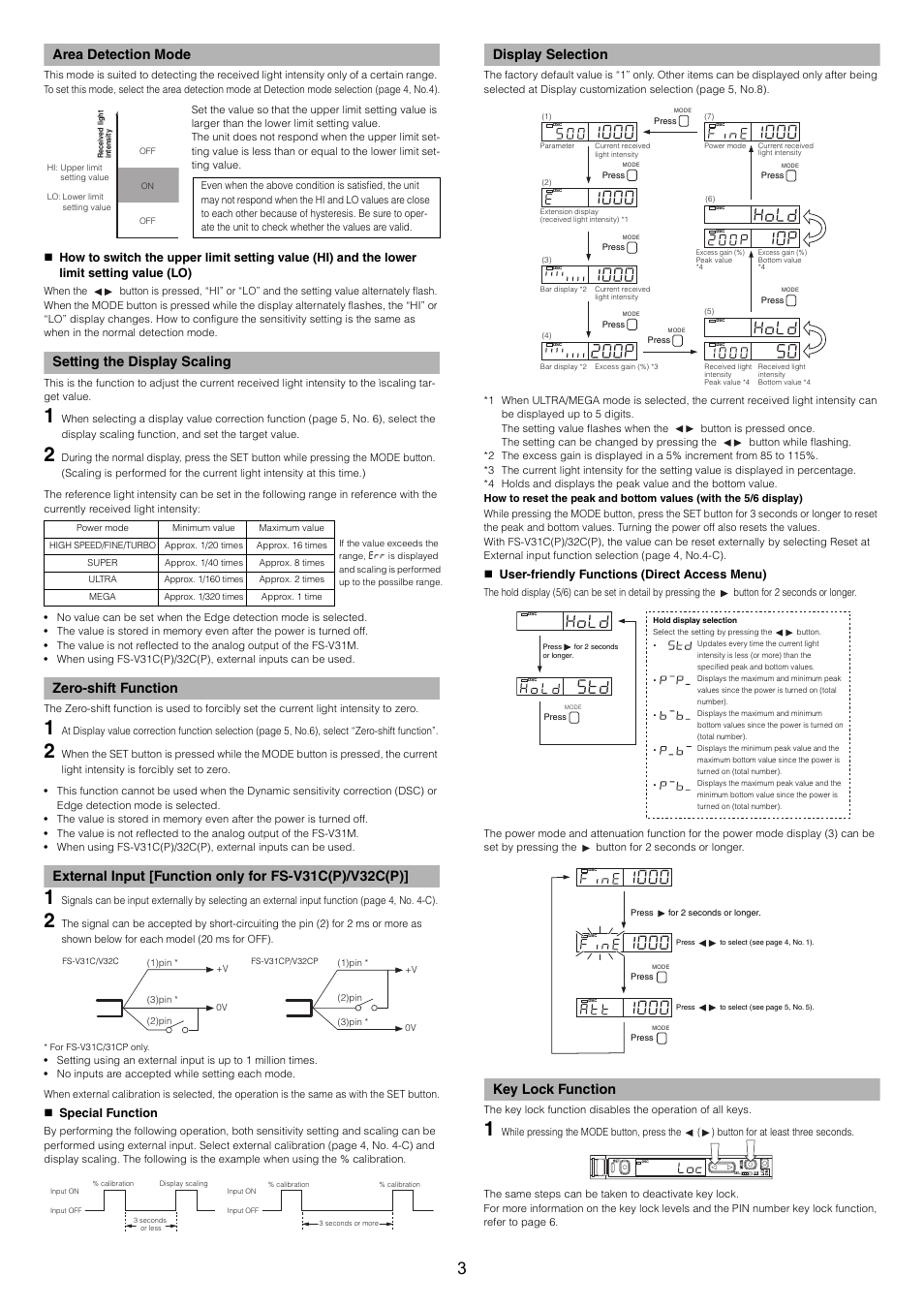 Area detection mode, Setting the display scaling, Zero-shift function | Display selection, Key lock function | KEYENCE FS-32C(P) User Manual | Page 3 / 6