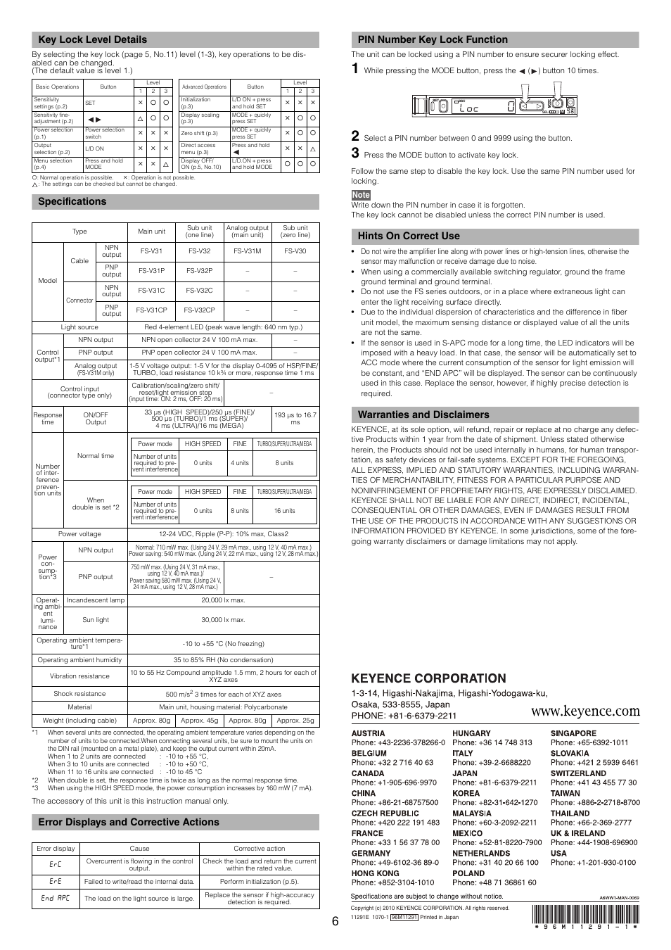 Key lock level details, Specifications, Error displays and corrective actions | Pin number key lock function, Hints on correct use, Warranties and disclaimers | KEYENCE FS-32C(P) User Manual | Page 6 / 6