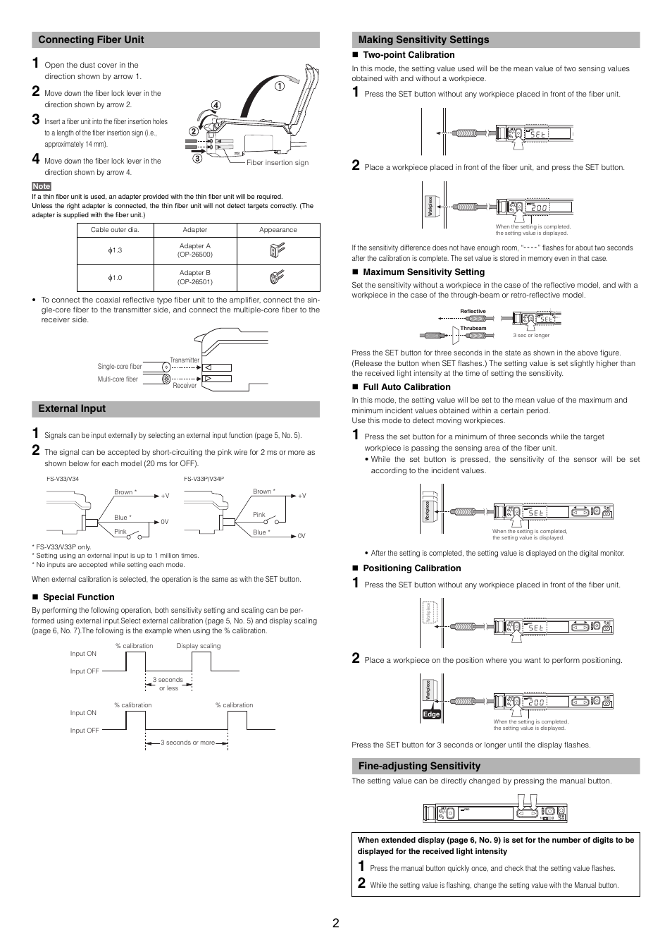 Connecting fiber unit, External input, Making sensitivity settings | Fine-adjusting sensitivity | KEYENCE FS-V34C(P) User Manual | Page 2 / 8