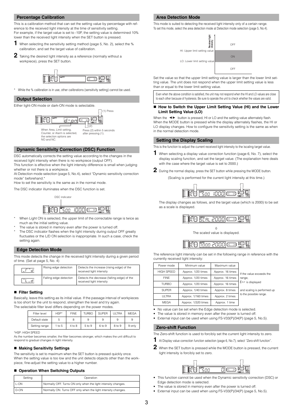 Percentage calibration, Output selection, Dynamic sensitivity correction (dsc) function | Edge detection mode, Area detection mode, Setting the display scaling, Zero-shift function | KEYENCE FS-V34C(P) User Manual | Page 3 / 8