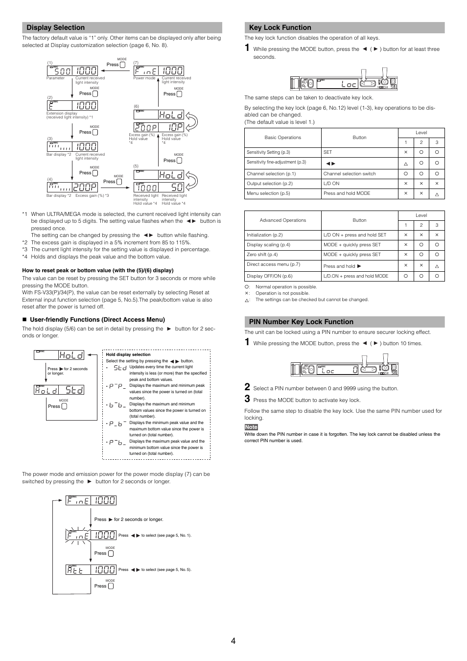 Display selection, Key lock function, Pin number key lock function | KEYENCE FS-V34C(P) User Manual | Page 4 / 8