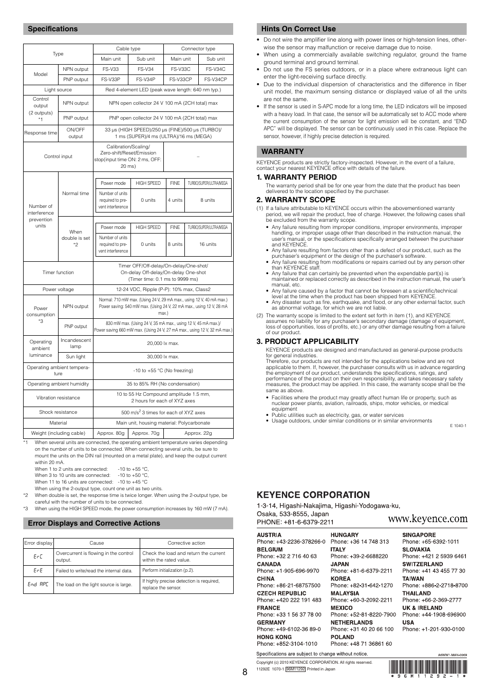 Specifications, Error displays and corrective actions, Hints on correct use | Warranty, Warranty period, Warranty scope, Product applicability | KEYENCE FS-V34C(P) User Manual | Page 8 / 8