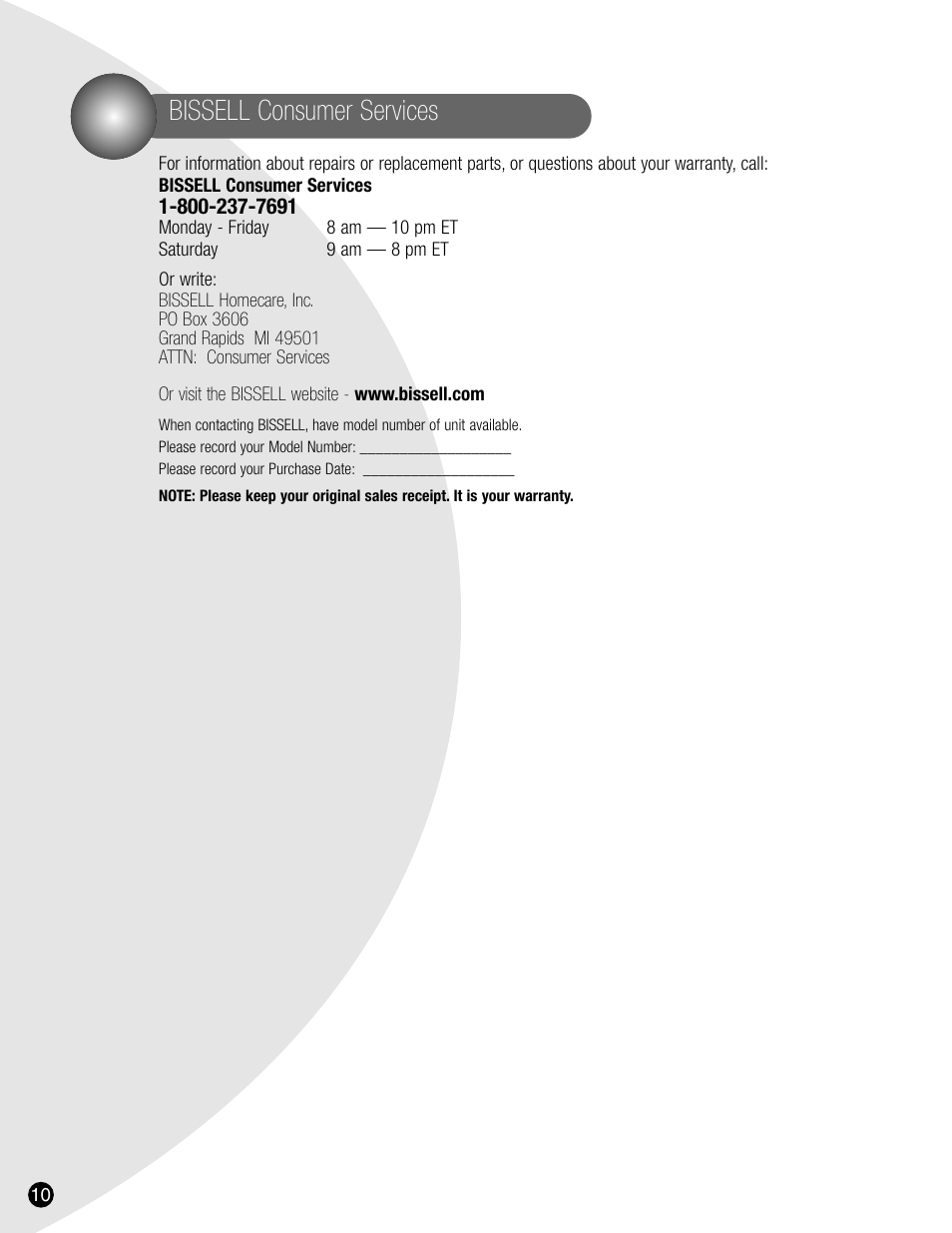 Bissell consumer services | Bissell 8940 User Manual | Page 10 / 12