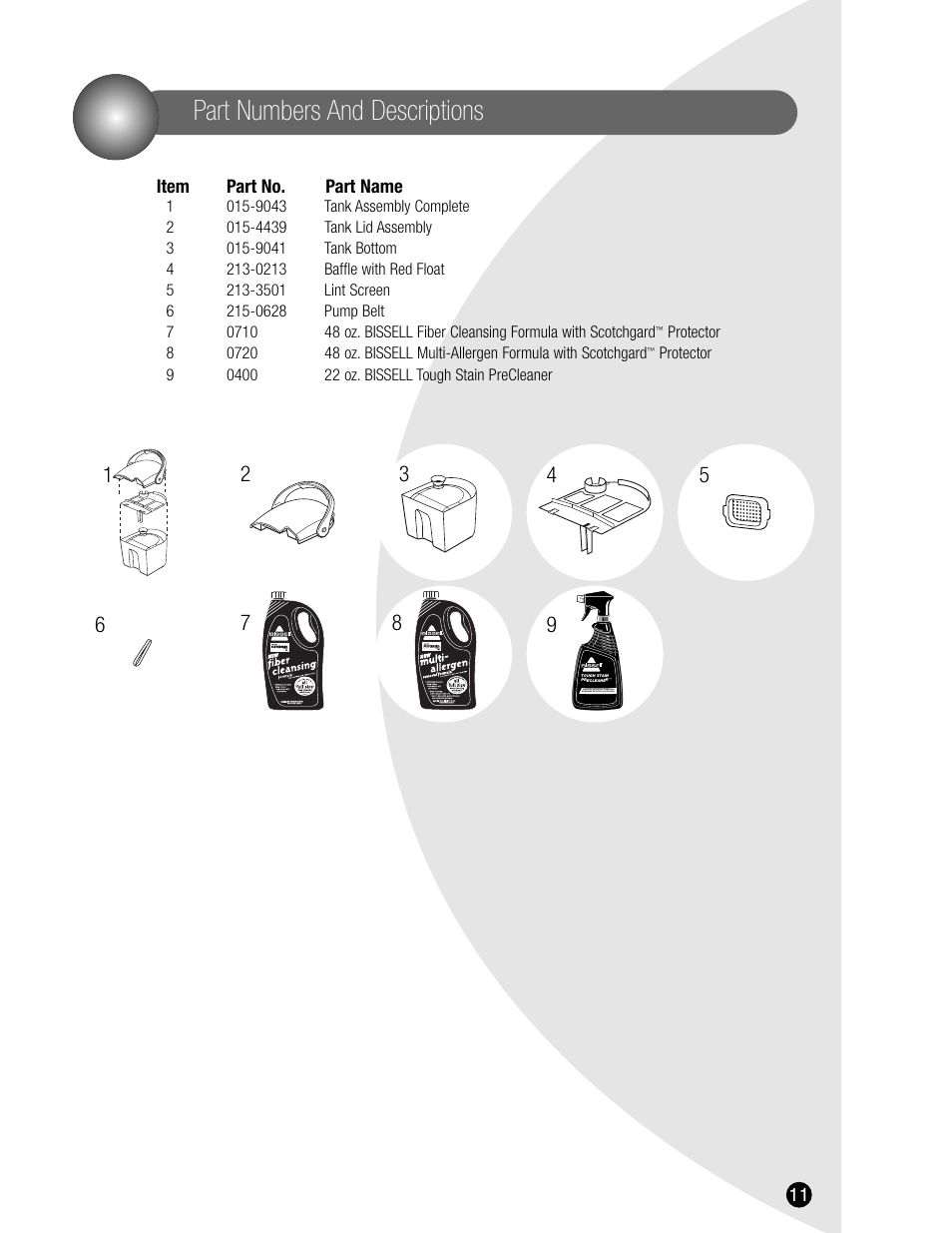 Part numbers and descriptions | Bissell 8940 User Manual | Page 11 / 12