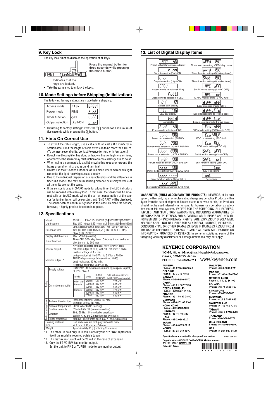 Key lock, Mode settings before shipping (initialization), Hints on correct use | Specifications, List of digital display items, Warranties | KEYENCE FS-21X User Manual | Page 4 / 4