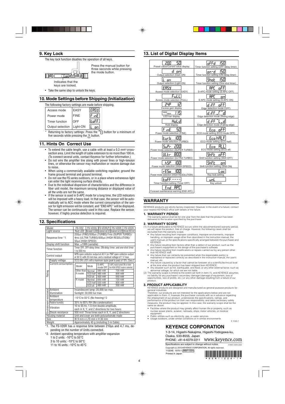 Key lock, Mode settings before shipping (initialization), Hints on correct use | Specifications, List of digital display items, Warranty, Keyence corporation | KEYENCE FS-22X User Manual | Page 4 / 4