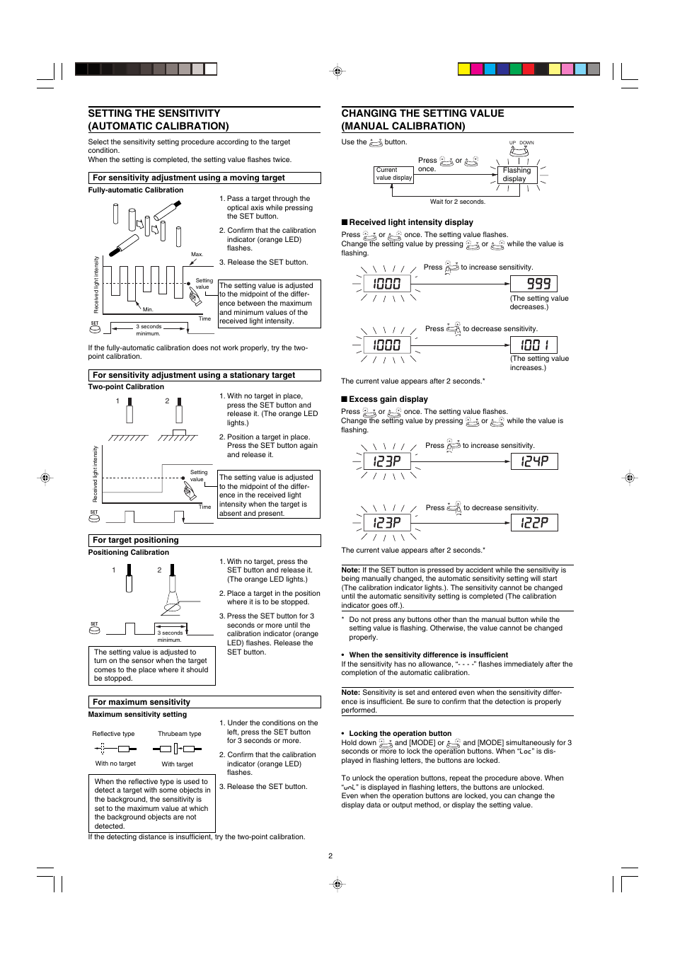 Setting the sensitivity(automatic calibration), Changing the setting value(manual calibration), Setting the sensitivity (automatic calibration) | Changing the setting value (manual calibration) | KEYENCE FS-10 User Manual | Page 2 / 4