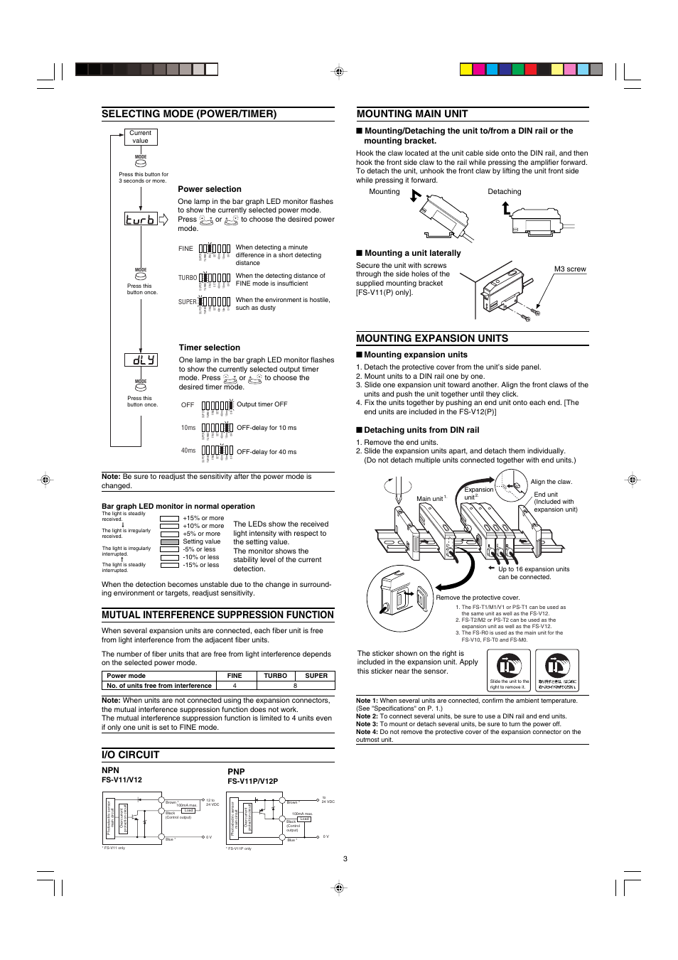 Selecting mode (power/timer), Mutual interference suppression function, I/o circuit | Mounting main unit, Mounting expansion units, Mounting a unit laterally, Detaching units from din rail, Power selection, Timer selection | KEYENCE FS-10 User Manual | Page 3 / 4