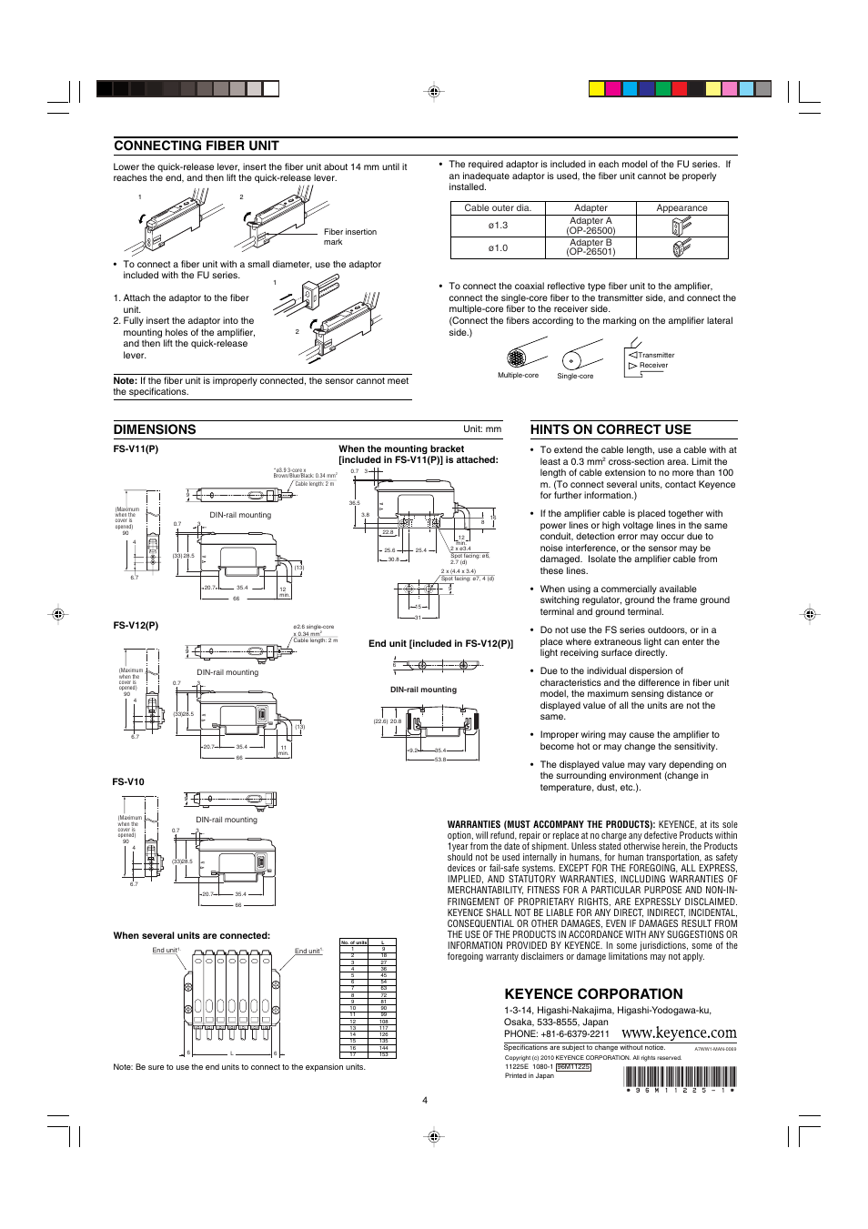 Connecting fiber unit, Dimensions, Hints on correct use | Warranties, Keyence corporation | KEYENCE FS-10 User Manual | Page 4 / 4