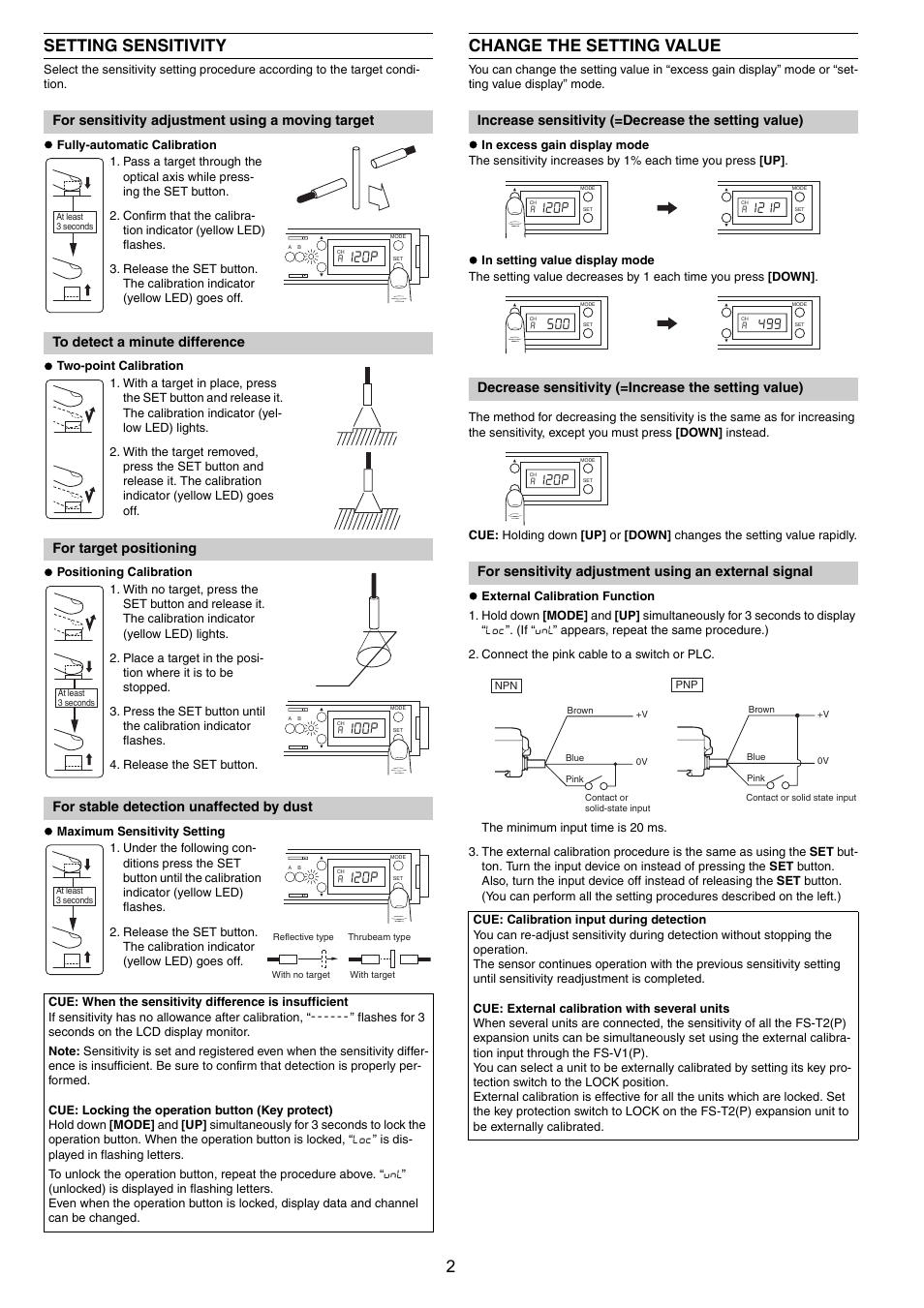 Setting sensitivity, Change the setting value, 2setting sensitivity | For sensitivity adjustment using a moving target, For target positioning, For stable detection unaffected by dust, Increase sensitivity (=decrease the setting value), Decrease sensitivity (=increase the setting value) | KEYENCE FS-V1(P) User Manual | Page 2 / 4