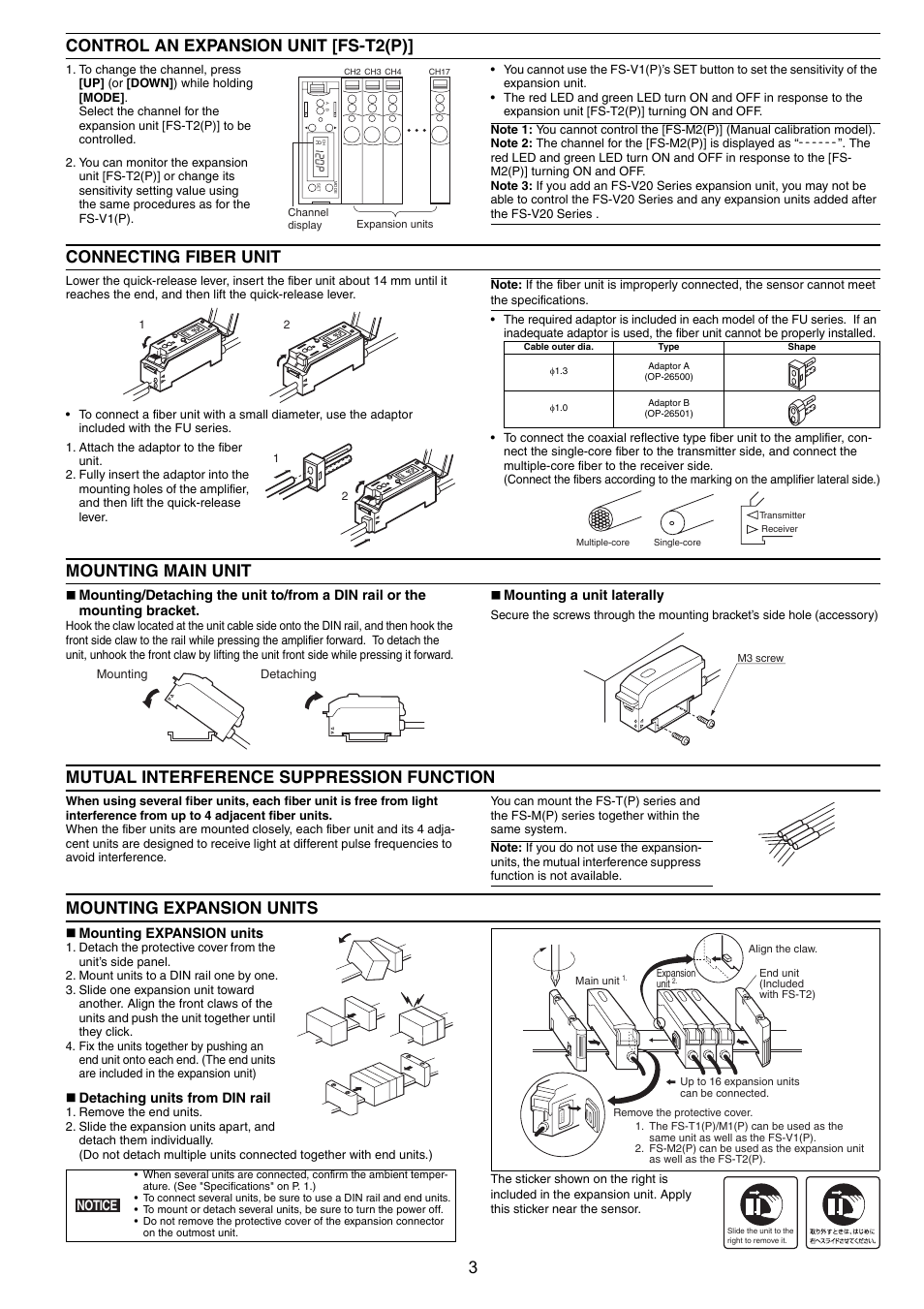 Control an expansion unit [fs-t2(p), Connecting fiber unit, Mounting main unit | Mutual interference suppression function, Mounting expansion units, 3control an expansion unit [fs-t2(p) | KEYENCE FS-V1(P) User Manual | Page 3 / 4