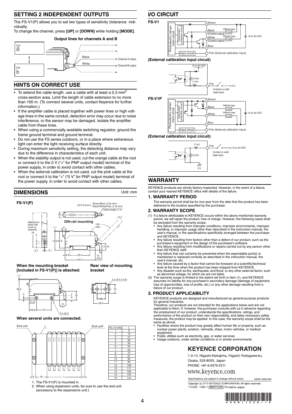 Setting 2 independent outputs, Hints on correct use, Dimensions | I/o circuit, Warranty, 4setting 2 independent outputs, Dimensions i/o circuit, Warranty period, Warranty scope, Product applicability | KEYENCE FS-V1(P) User Manual | Page 4 / 4