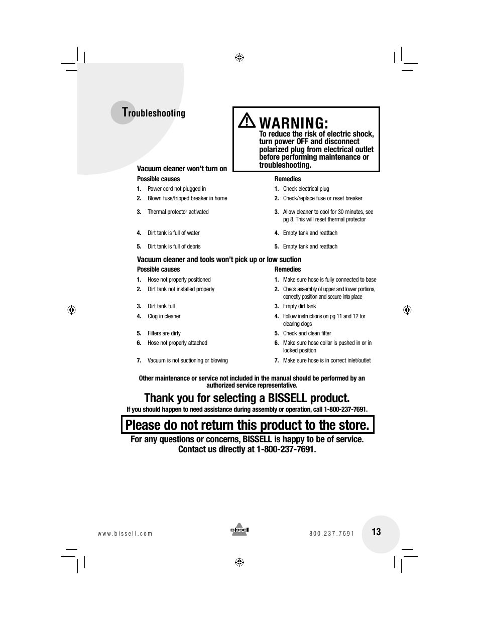 Warning, Please do not return this product to the store, Roubleshooting | Bissell 18P0 User Manual | Page 13 / 16
